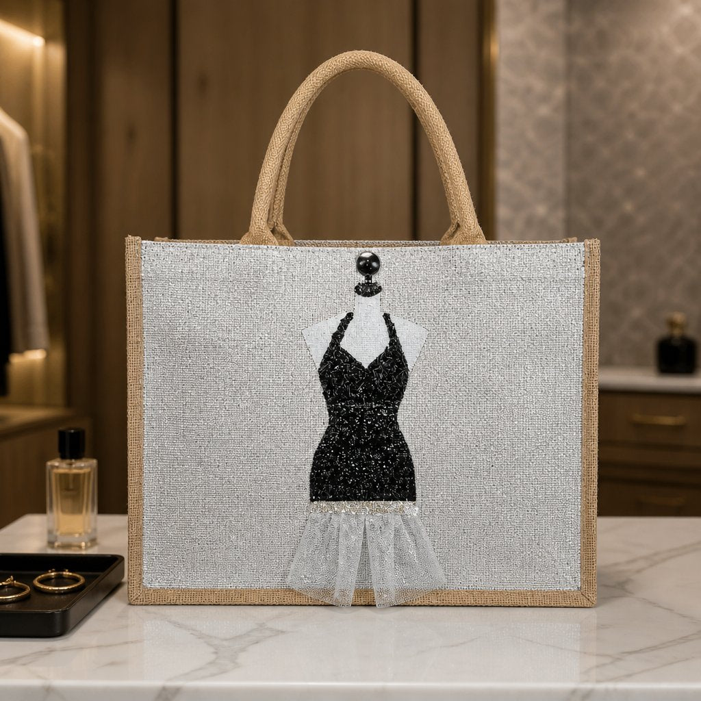 Hand-painted jute tote bag featuring a black glitter evening dress design on a mannequin form with sheer tulle accents, black embellishments, and natural burlap handles.