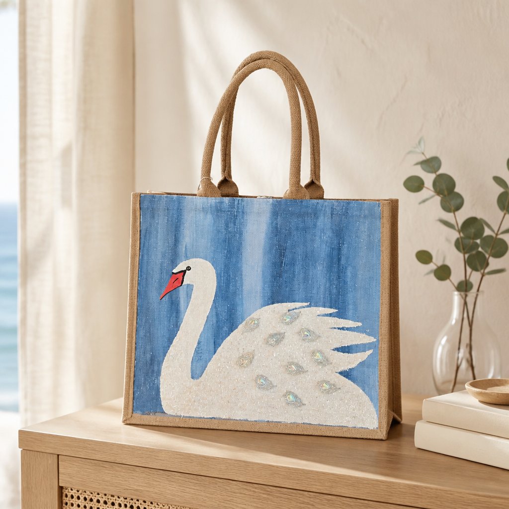 Hand-painted jute tote bag featuring a white swan with jeweled feather accents on a textured blue background, finished with natural braided handles and coastal-inspired style.