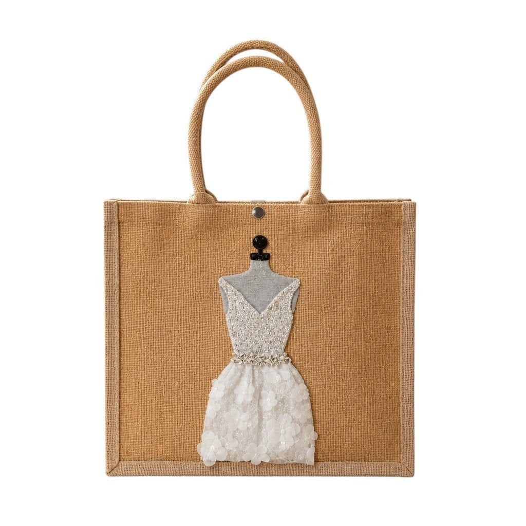 Hand-painted jute tote bag featuring an embellished ivory cocktail dress design with textured floral appliqué skirt, sparkling bodice details, and elegant bridal-inspired accents on a gold jute background