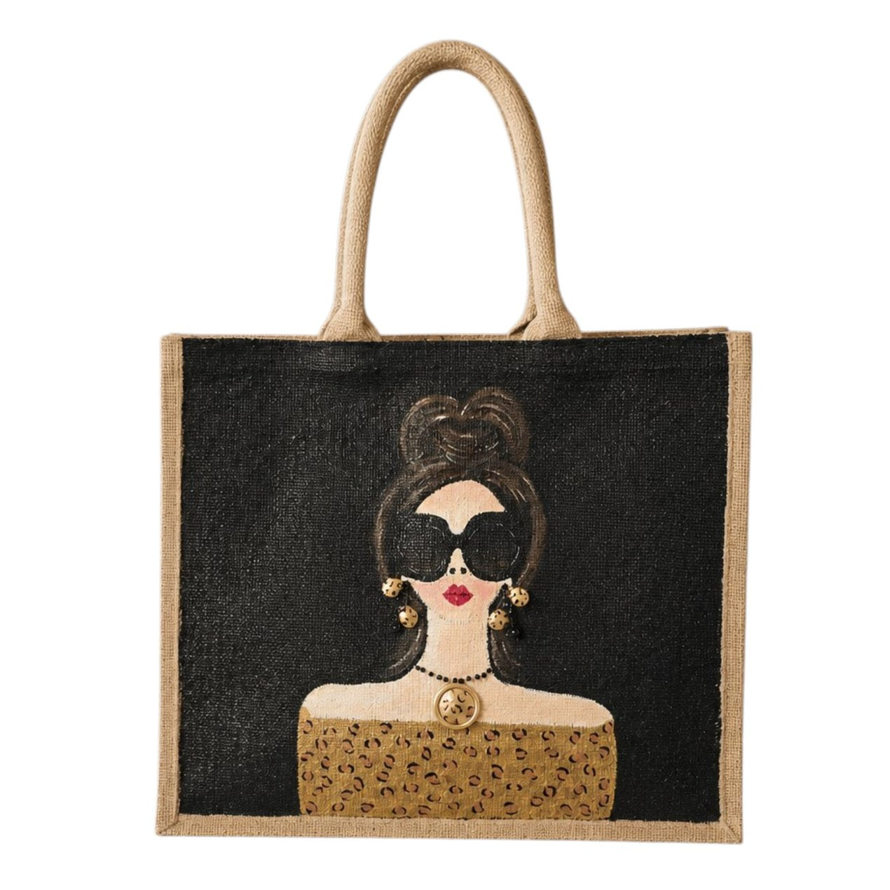 Hand-Painted Glam Sunglass Lady Jute Tote Bag