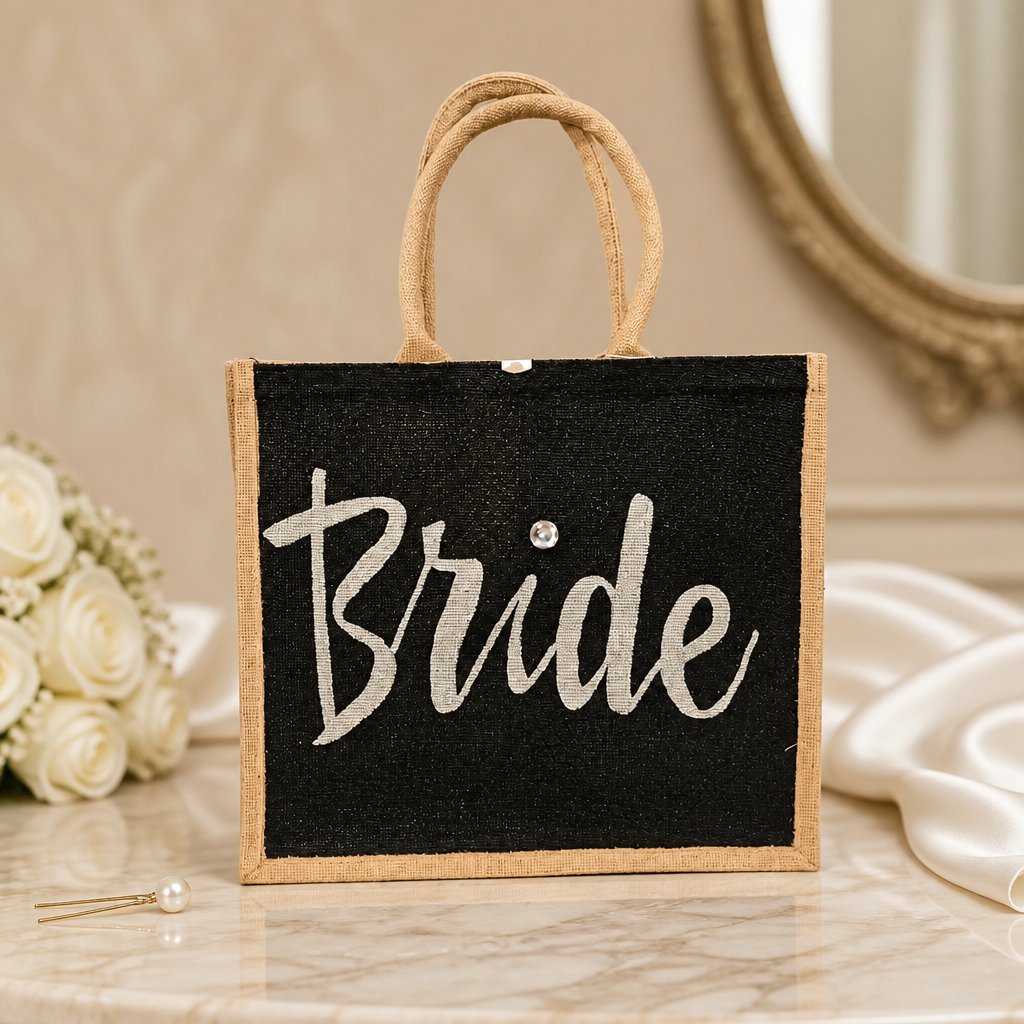 Hand-painted black jute tote bag featuring the word “Bride” in bold white script with a rhinestone accent, designed for weddings, bridal celebrations, and stylish bride-to-be gifts.