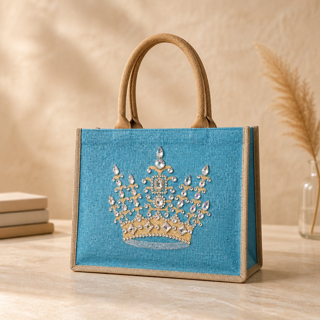 Hand-painted turquoise jute tote bag featuring a jeweled gold crown design embellished with sparkling rhinestones and pearls, finished with natural burlap trim and rounded handles.