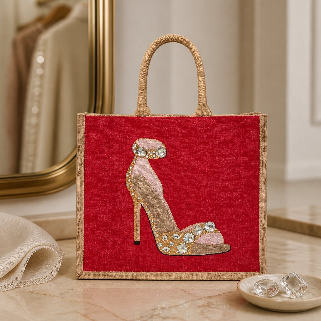 Hand-painted jeweled stiletto tote bag featuring a glamorous gold and blush high heel embellished with sparkling rhinestones on a rich red background. Elegant wearable art handbag with structured jute handles and fashion-inspired design.