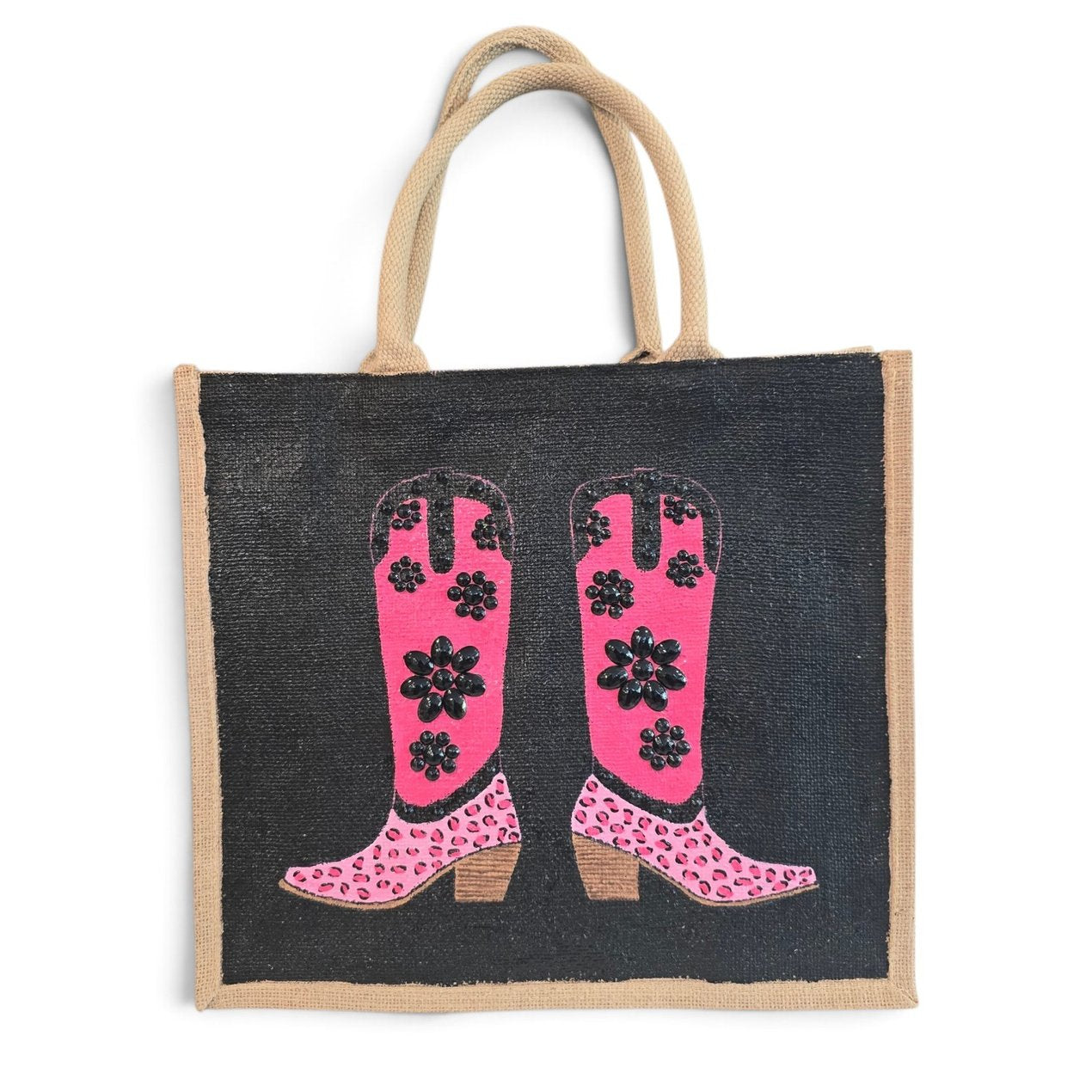 Hand-painted pink and black cowboy boot tote bag with black jeweled floral embellishments