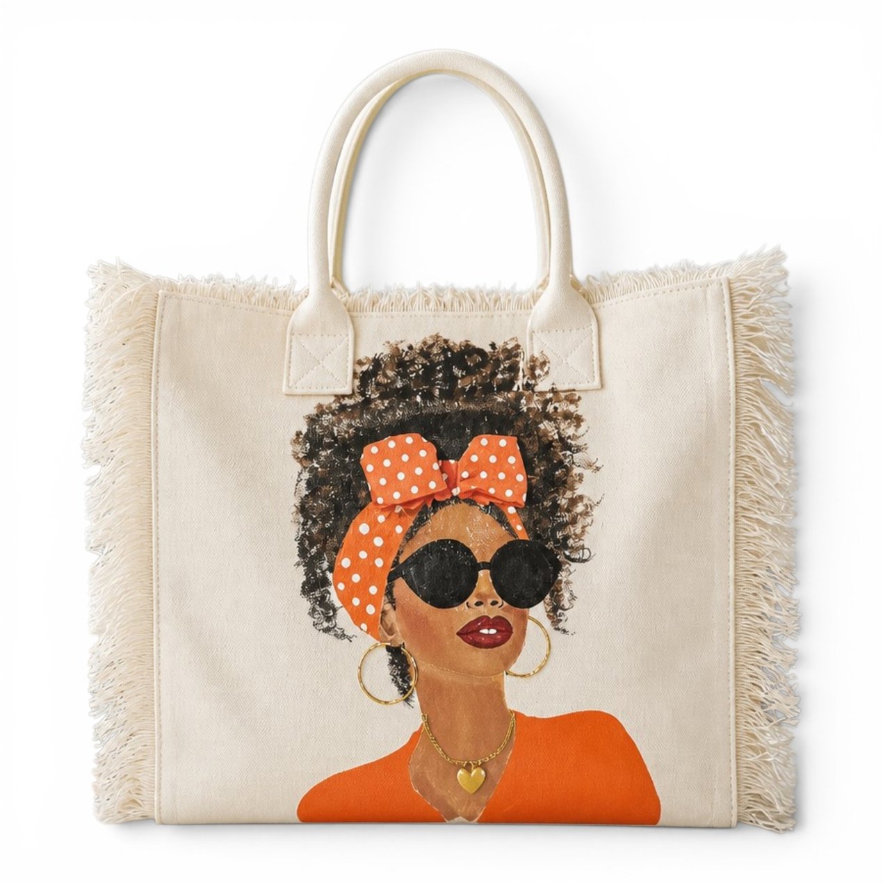 orange Polka Dot Muse hand-painted fringed tote bag featuring a fashionable woman with sunglasses, orange polka dot headband, and dimensional textured hair.
