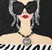 close up of Hand-painted black and white fashion tote bag with zebra-inspired outfit and stylish woman illustration on jute tote