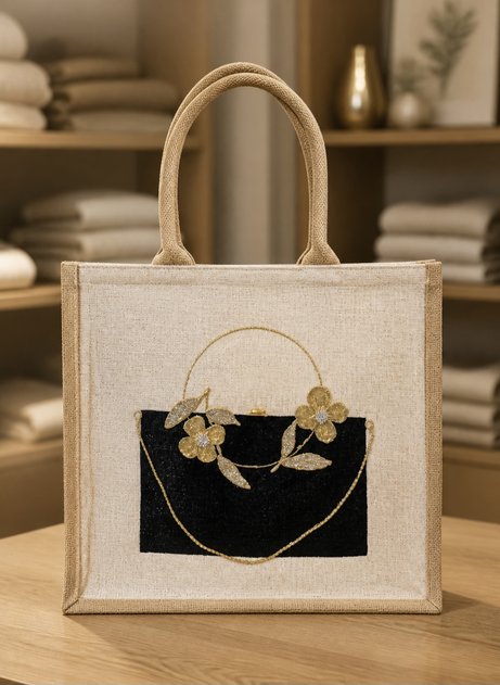 Elegant hand-painted jute tote bag featuring a black rectangular purse design accented with delicate gold floral embellishments, leaves, and a draped gold chain detail. The structured tote has woven natural handles and a sophisticated neutral color palette with artisan-inspired styling.
