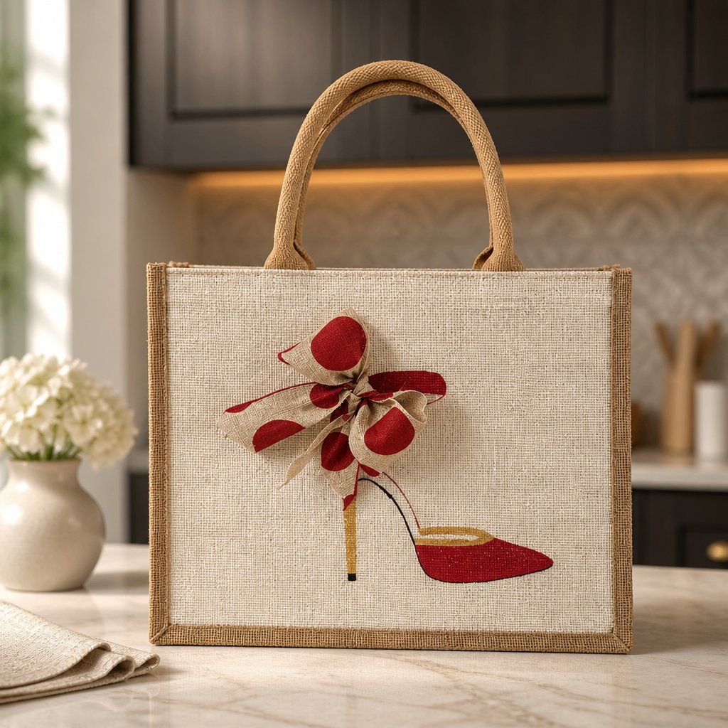 Hand-painted jute tote bag featuring a red high heel shoe design with an oversized red and natural polka dot bow detail. Neutral canvas-style tote with structured handles and fashion-inspired artwork on a light textured background.