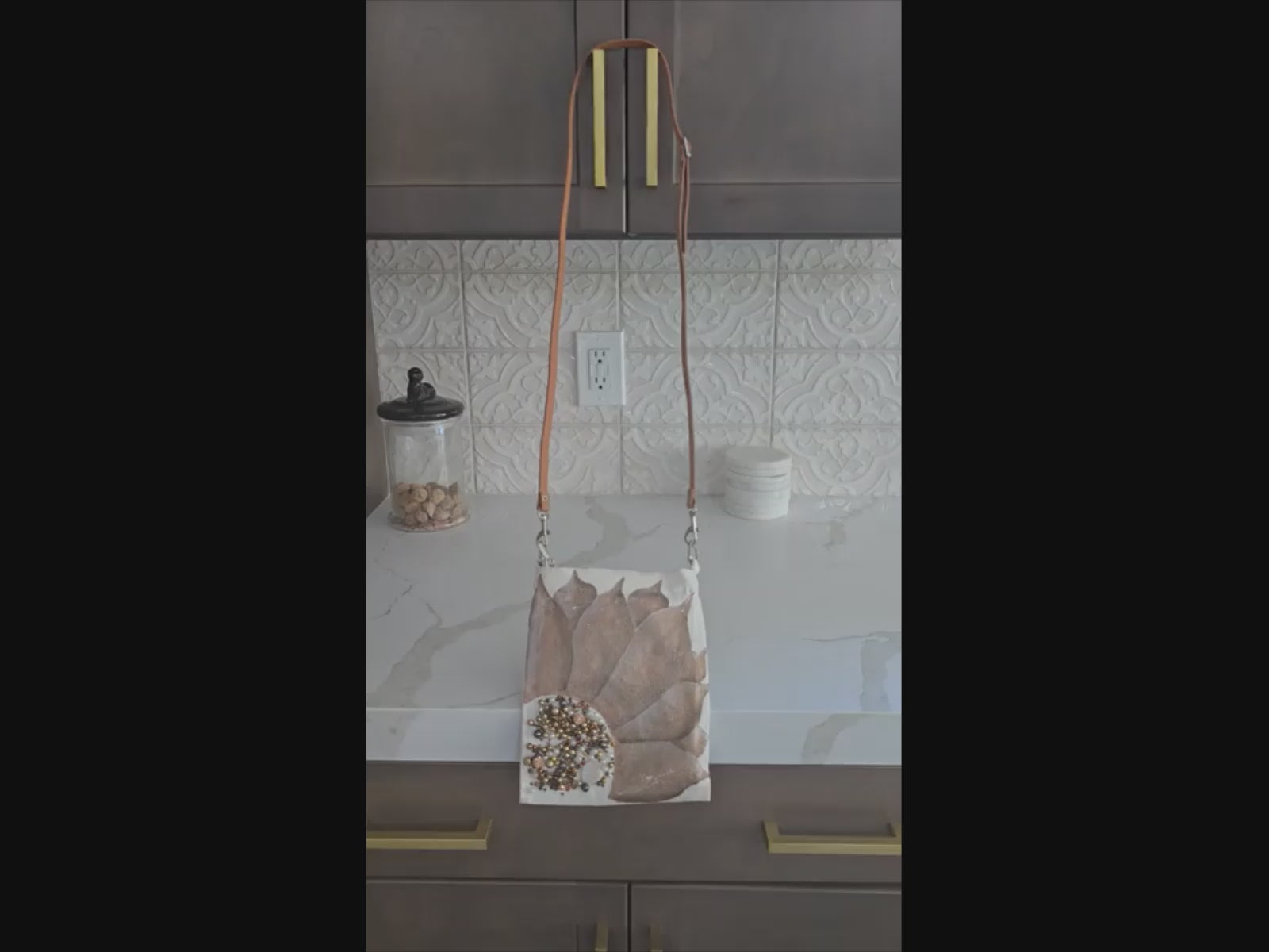 Bronze Sunflower Small Canvas Crossbody Purse with Beaded Center – Adjustable Leather Strap