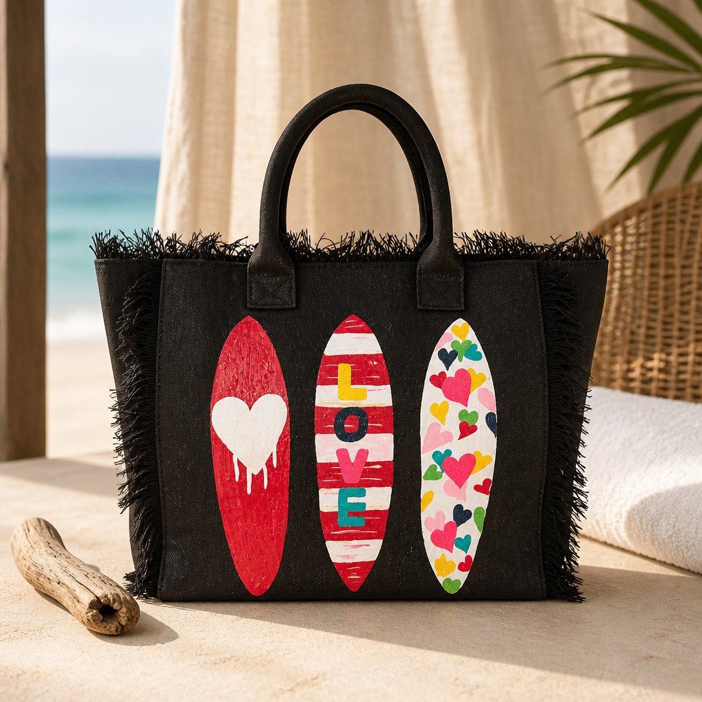 Hand-painted black fringed tote bag featuring three colorful surfboards with heart designs and the word “LOVE,” set against a neutral background.