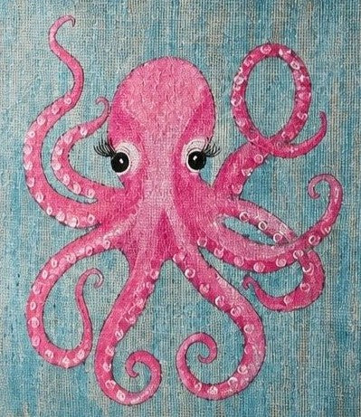 Close up of Hand-painted jute tote bag featuring a whimsical pink octopus with curled tentacles and long eyelashes on a soft aqua blue background, finished with natural burlap handles and a beach-inspired coastal style.