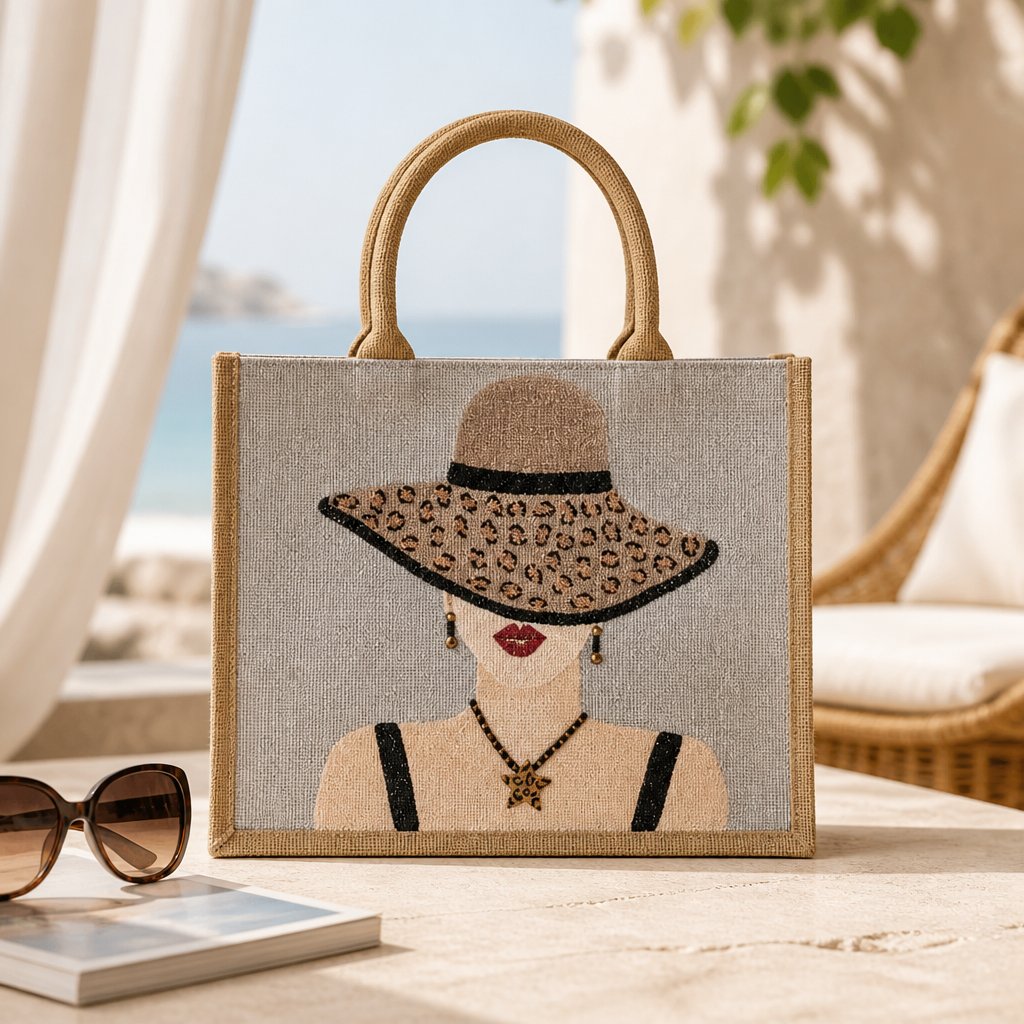 Hand-painted neutral jute tote bag featuring a stylish woman in a leopard-print sun hat with black straps, red lips, statement earrings, and natural woven handles.