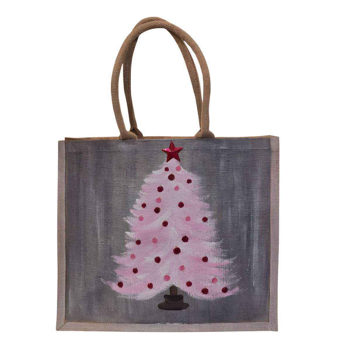 Hand-Painted Pink Christmas Tree Tote Bag