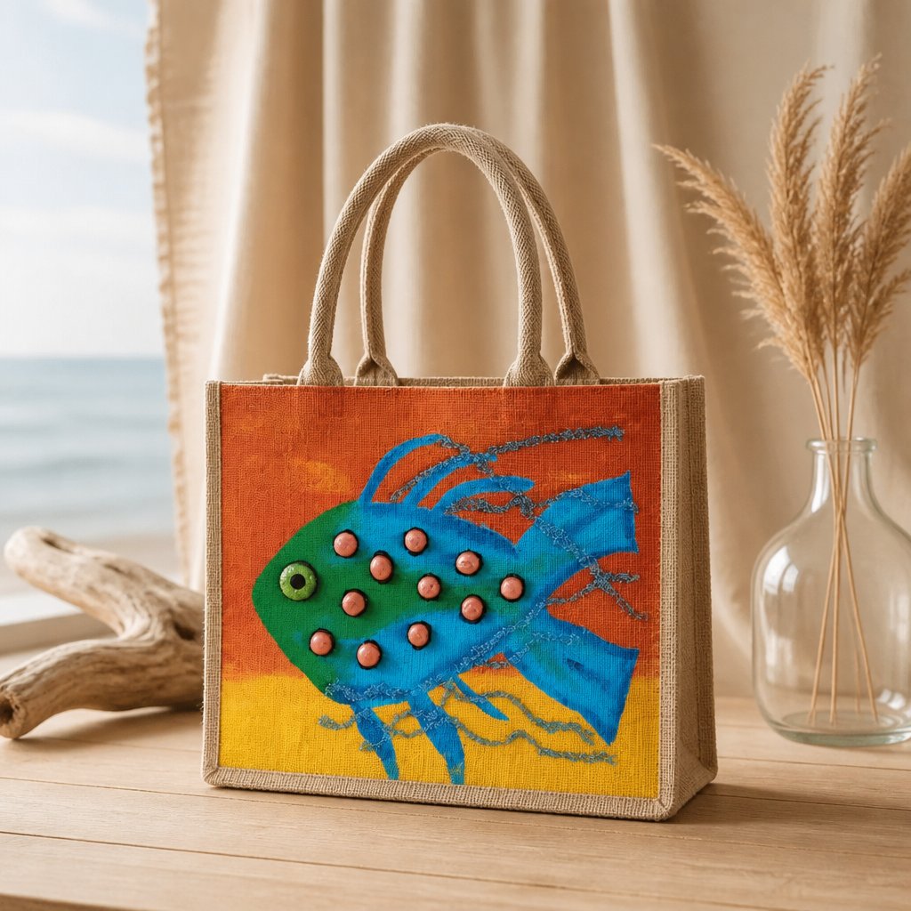 Hand-painted jute tote bag featuring a whimsical blue and green fish with dimensional coral-colored accents on a vibrant orange and yellow background. Coastal-inspired artisan beach tote with rope handles and colorful tropical ocean design.