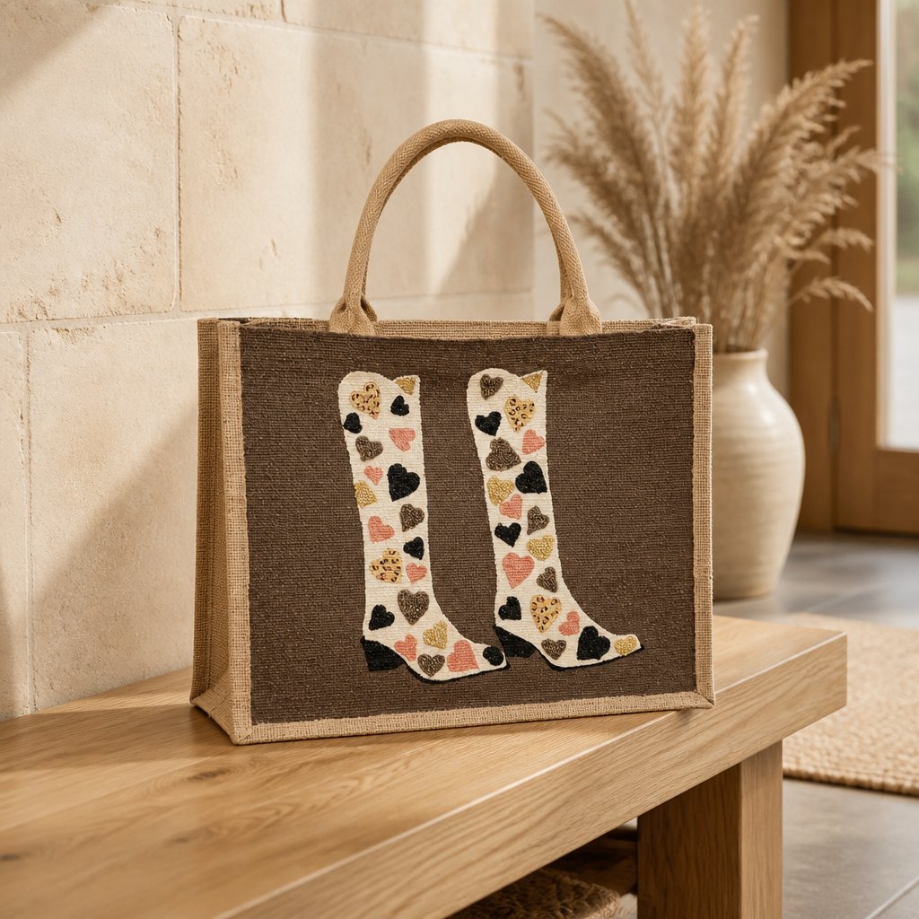 Hand-painted western-inspired jute tote bag featuring white cowboy boots decorated with heart designs in black, gold, blush pink, and leopard print accents. Neutral tote bag with a rich brown background and romantic rustic style details.