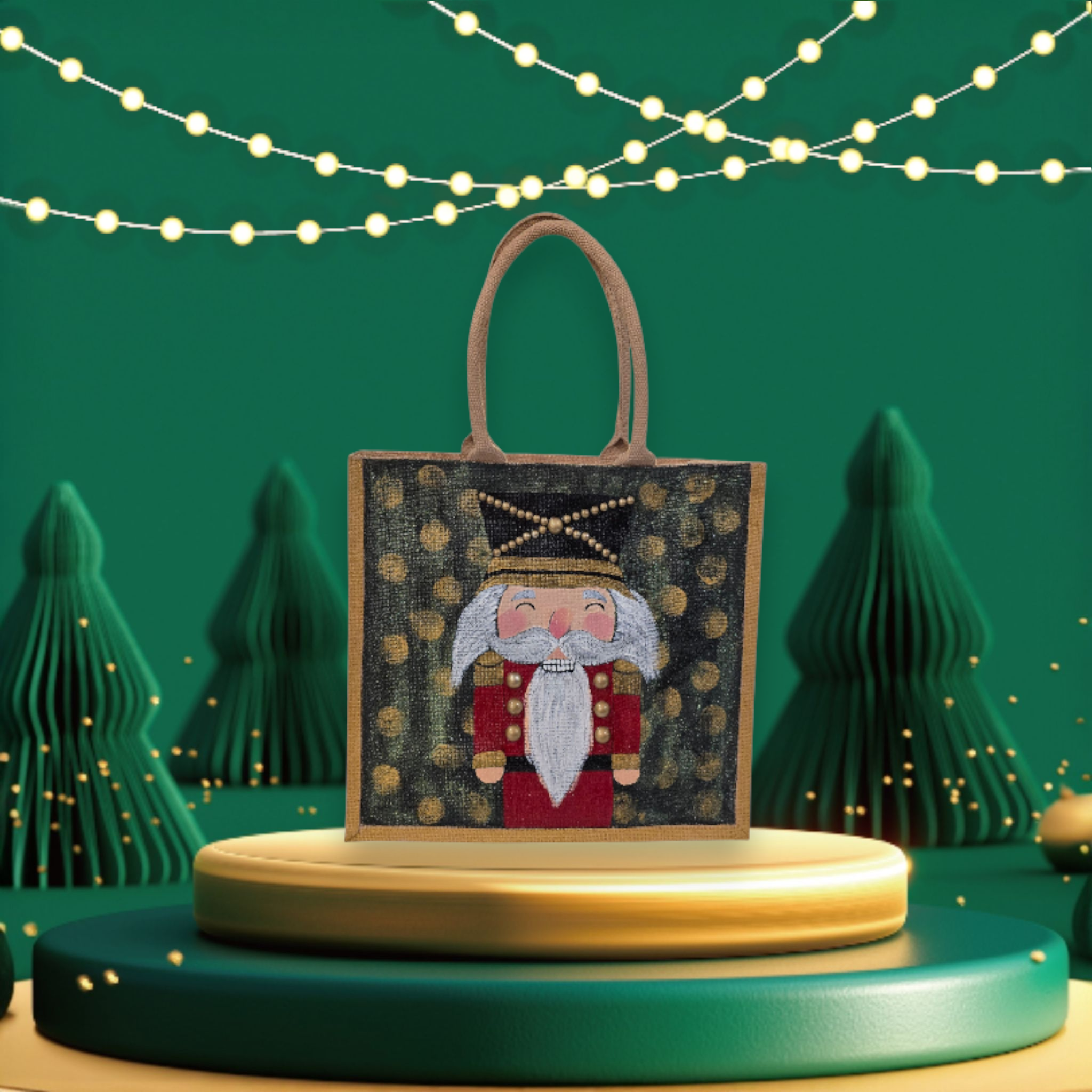 Hand-painted Nutcracker tote bag by Dana’s Uncommon Glass displayed on a festive holiday background with twinkling gold lights and green accents.
