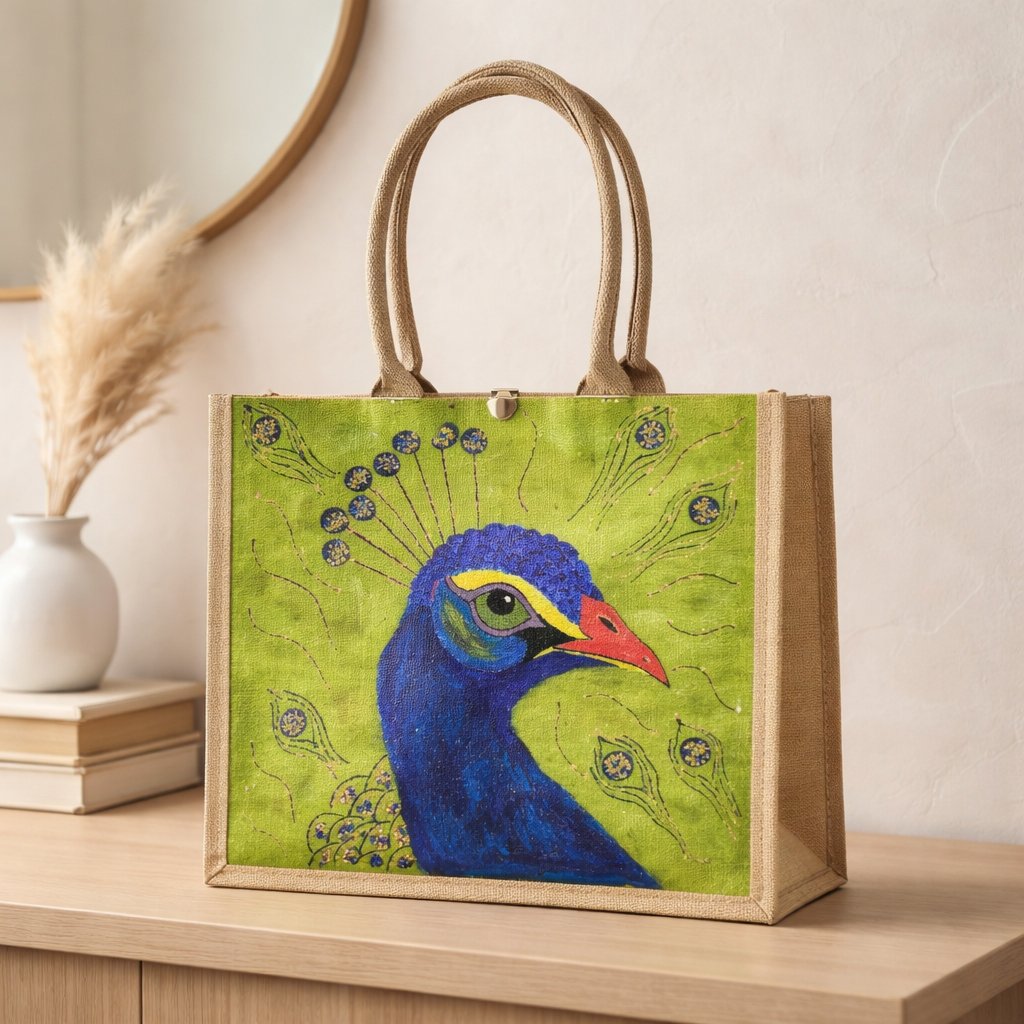 Hand painted and embellished peacock on burlap jute tote bag by Dana's Uncommon Glass