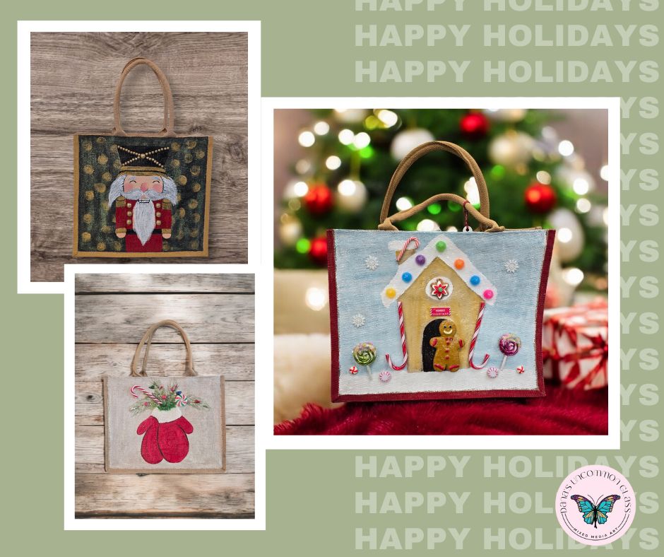 Holiday collection collage featuring three hand-painted tote bags: a nutcracker design, red Christmas mittens filled with candy canes, and a whimsical gingerbread house tote in front of a Christmas tree.