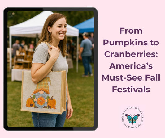 Woman carrying a hand-painted fall gnome tote bag from Dana’s Uncommon Glass at an outdoor autumn market.