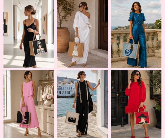 Style personality collection featuring six hand-painted tote bags including Midnight Muse, Blushing Bride, Mermaid, Golden Floral Heirloom, Elegant Lady in Black, and Kicking Up Her Heels, each paired with coordinating fashion-inspired outfits.