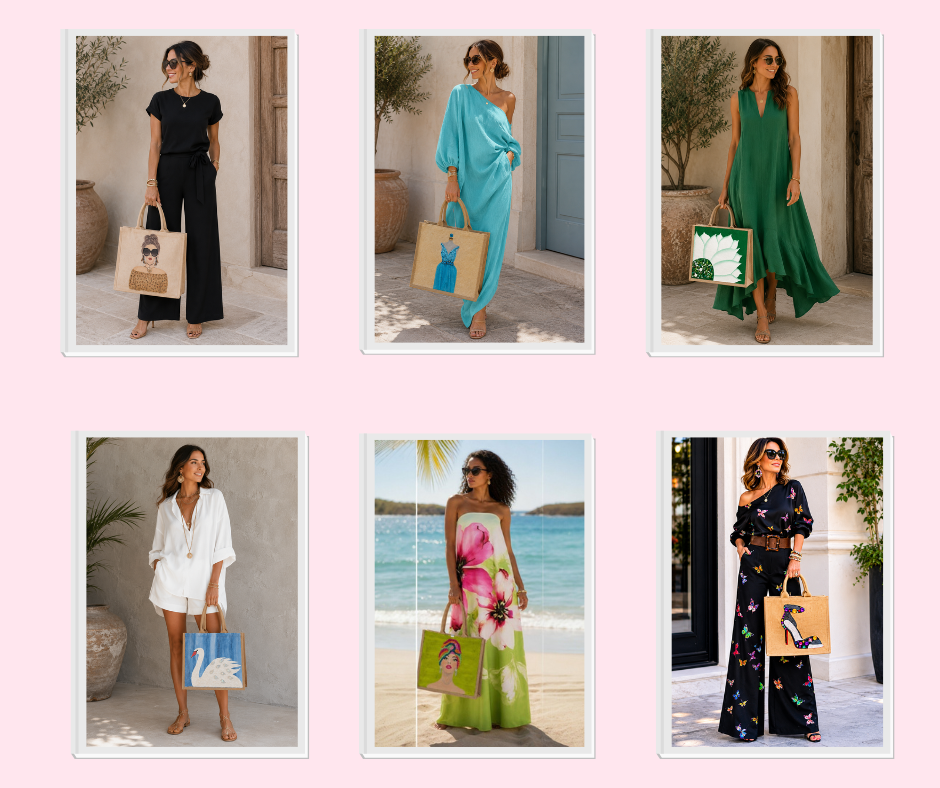 Hand-painted tote bag gift guide featuring Vivid Muse, Gilded Azure Gown, Green Beaded Sunflower, Jeweled White Swan, Jewel Noir, and Leopard Luxe Fashionista designs styled with fashion-forward outfits for women.