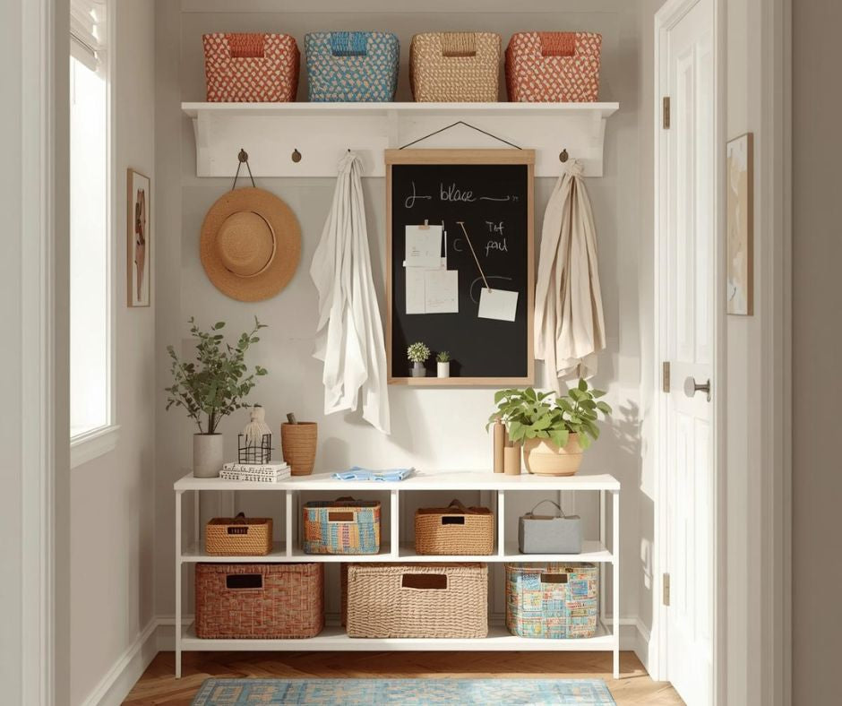 Calm, organized entryway with woven baskets, greenery, and everyday essentials neatly stored