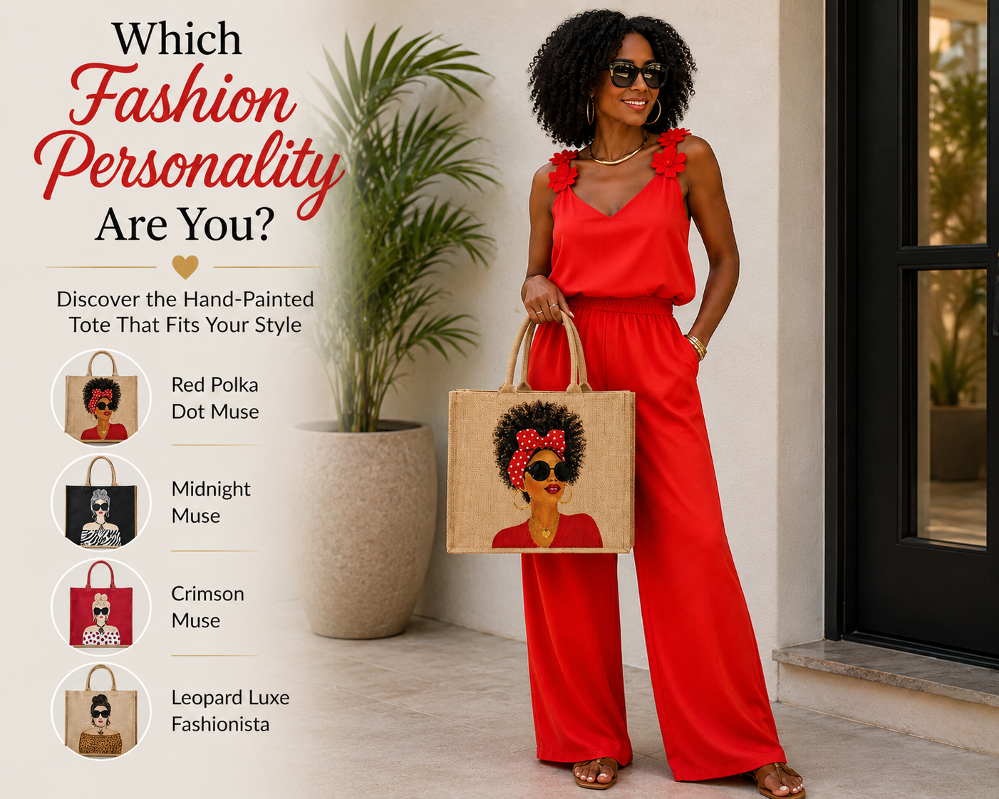 Which Fashion Personality Are You? Four hand-painted tote bags including Red Polka Dot Muse, Midnight Muse, Crimson Muse and Leopard Luxe Fashionista alongside a stylish woman carrying the Red Polka Dot Muse bag.