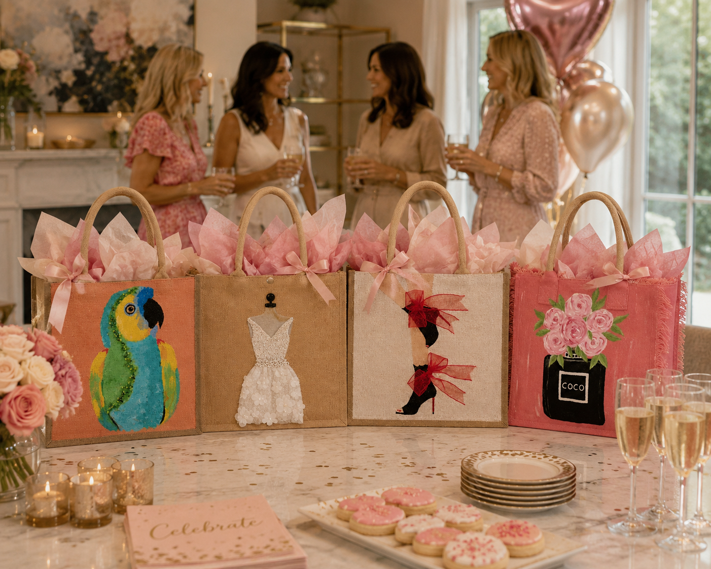 Four hand-painted tote bags displayed as gifts with pink tissue paper on a table at a celebration with women mingling in the background.
