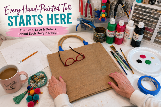 Blank jute tote surrounded by paints, brushes, sketch, and art supplies in Dana's Uncommon Glass studio before the hand-painting process begins.