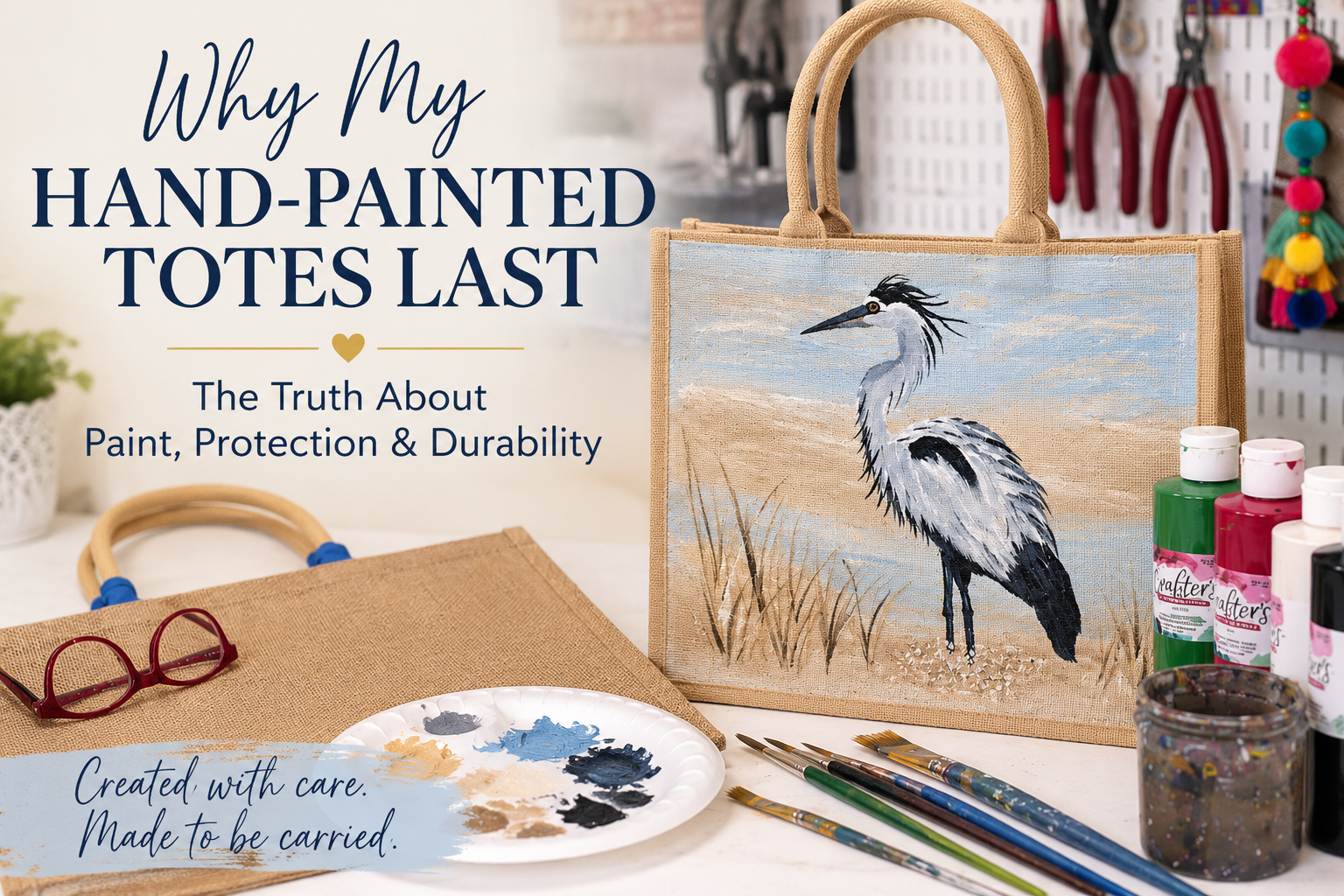 Hand-painted Blue Heron jute tote surrounded by artist's paints, brushes, and studio workspace, illustrating the craftsmanship behind durable hand-painted tote bags.