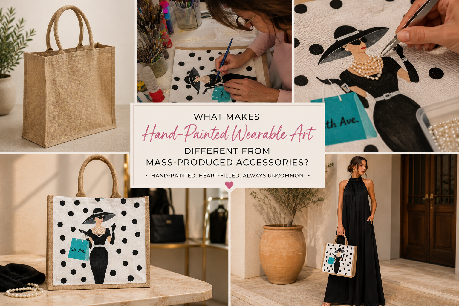 Hand-painted tote bag creation process showing a blank jute tote, artwork being painted by hand, embellishments being applied, the finished Midnight Muse tote bag, and a fashion lifestyle image featuring the completed wearable art design.