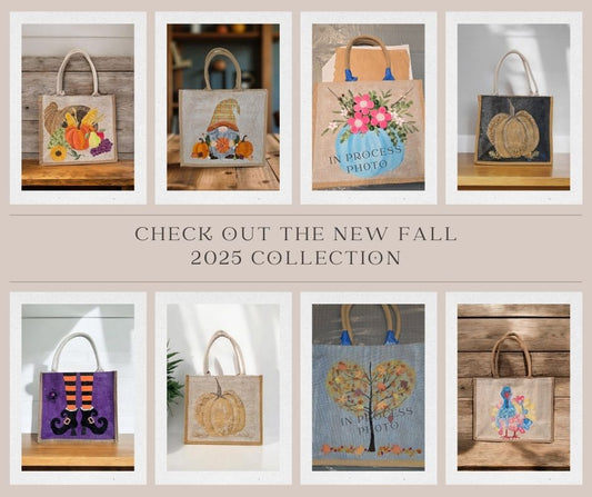 Fall 2025 Collection by Dana’s Uncommon Glass – hand-painted jute tote bags including pumpkins, turkeys, gnomes, fall florals, and Halloween designs