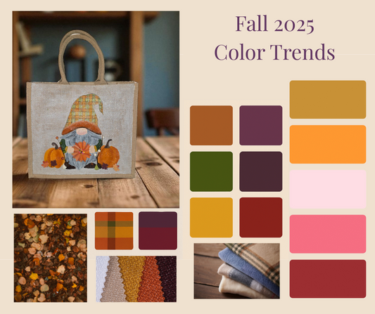 Fall 2025 Color Trends collage featuring a hand-painted gnome tote bag with fall color swatches, fabric samples, plaid samples and an image of all lfoliage