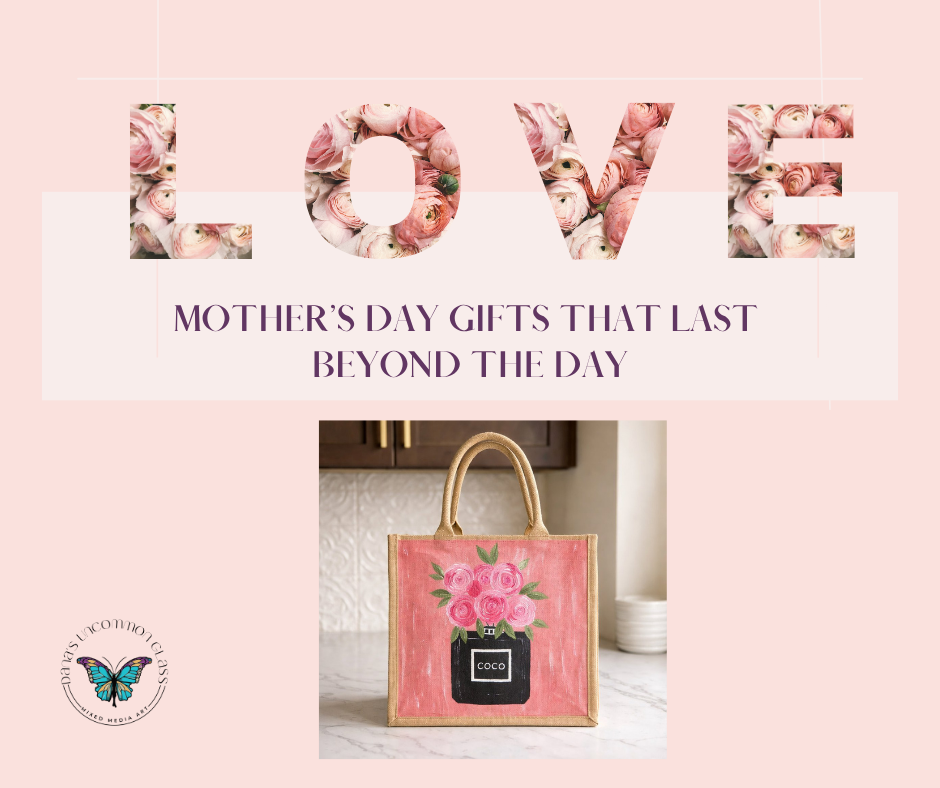 Hand painted tote bag with perfume bottle and flowers