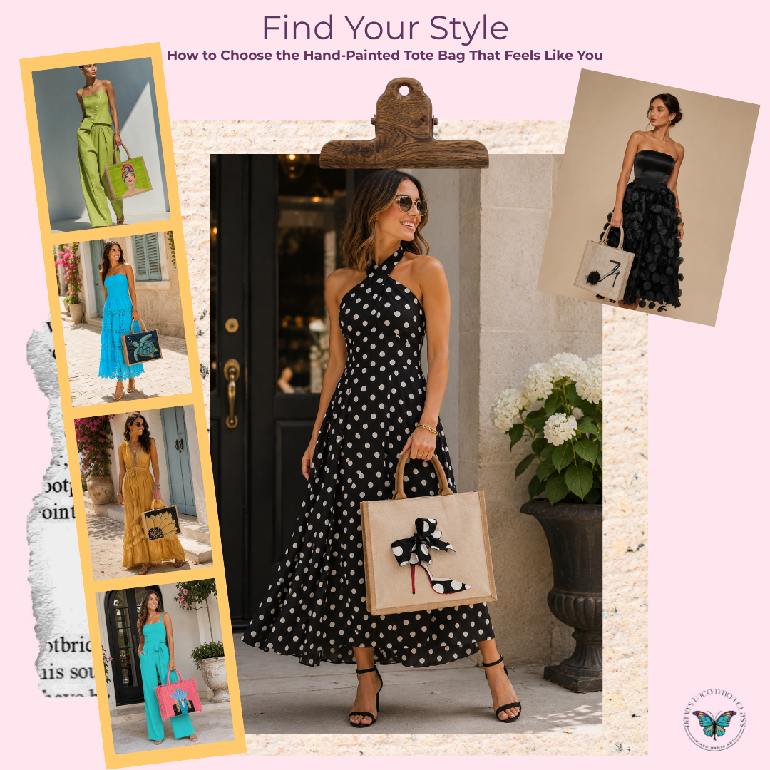 Collage of women carrying hand-painted tote bags representing different fashion styles, including florals, statement shoes, coastal, western, and wearable art collections to help shoppers find their personal style.