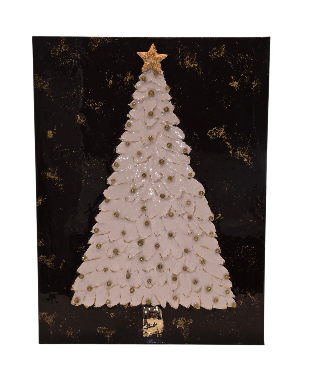 Hand-painted white and gold Christmas tree artwork created by Dana Harding of Dana’s Uncommon Glass.