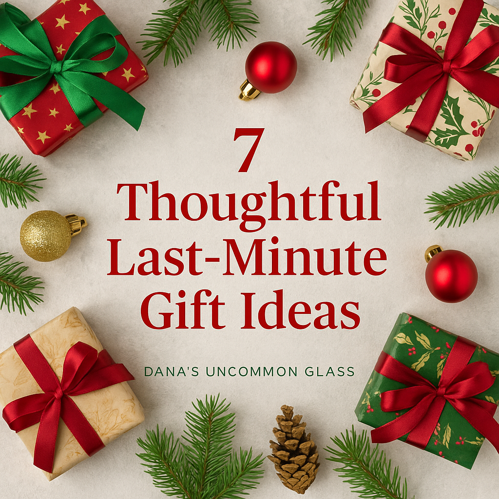 Holiday flatlay featuring wrapped gifts, ornaments, and greenery with the text ‘7 Thoughtful Last-Minute Gift Ideas’ for Dana’s Uncommon Glass holiday blog