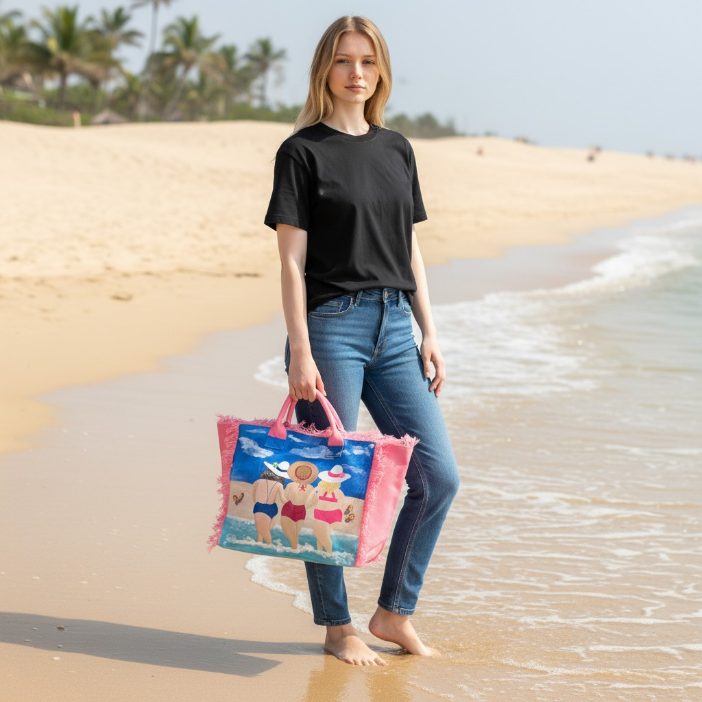 Woman walking along the beach holding a hand-painted summer tote bag with a colorful beach scene design