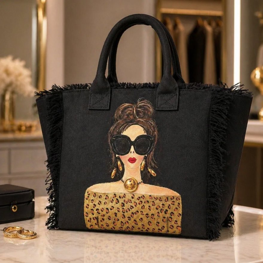 Hand-painted black fringed tote bag with a stylish woman in sunglasses and leopard print top, displayed on a boutique counter