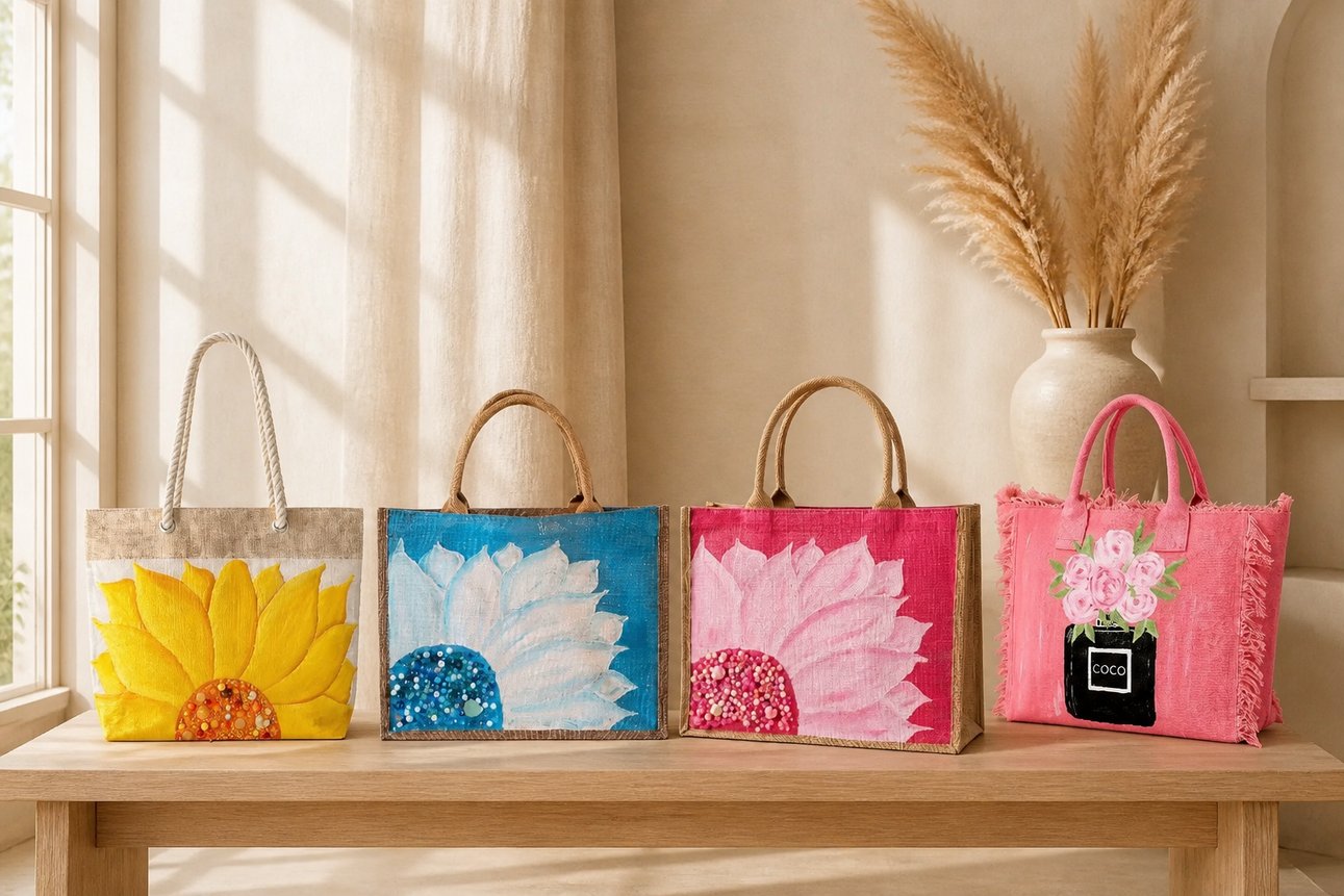 Hand-painted floral tote bag collection featuring a yellow sunflower rope handle tote, turquoise sunflower tote, pink sunflower tote, and pink Coco Blooms fringed tote displayed on a wooden table.