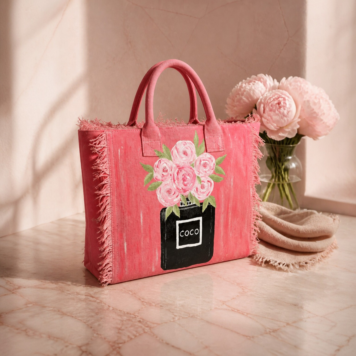 Collection image of a hand-painted fringed tote bag, from Dana's Uncommon Glass