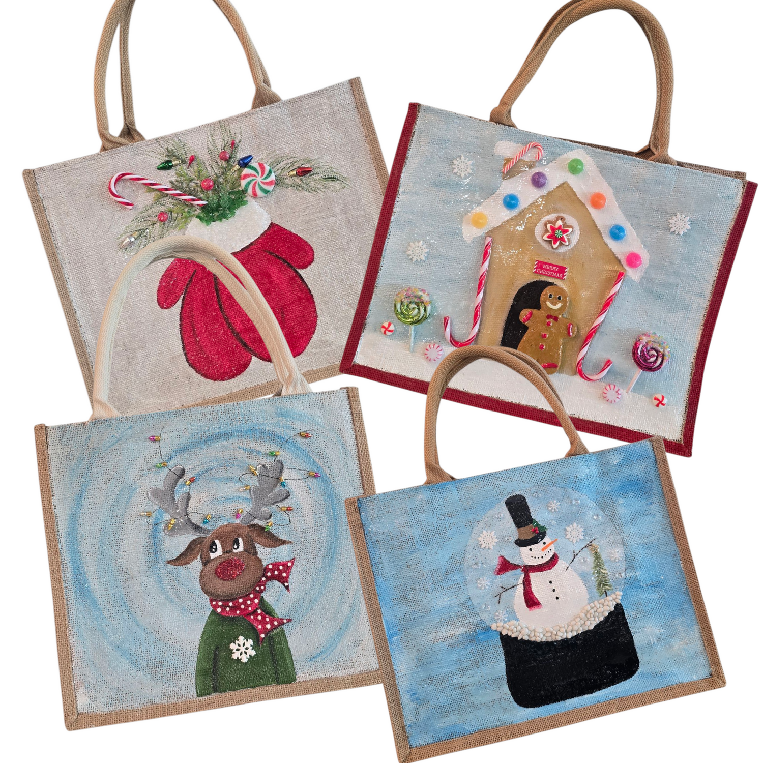 Collection image of a hand-painted Christmas tote bag, from Dana's Uncommon Glass