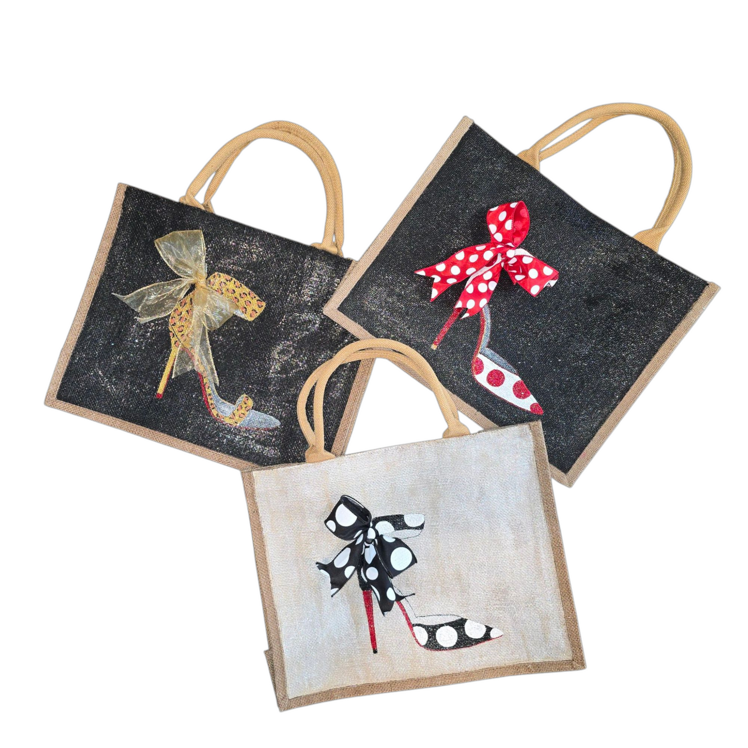 Collection image of a hand-painted tote bag with shoe design, from Dana's Uncommon Glass