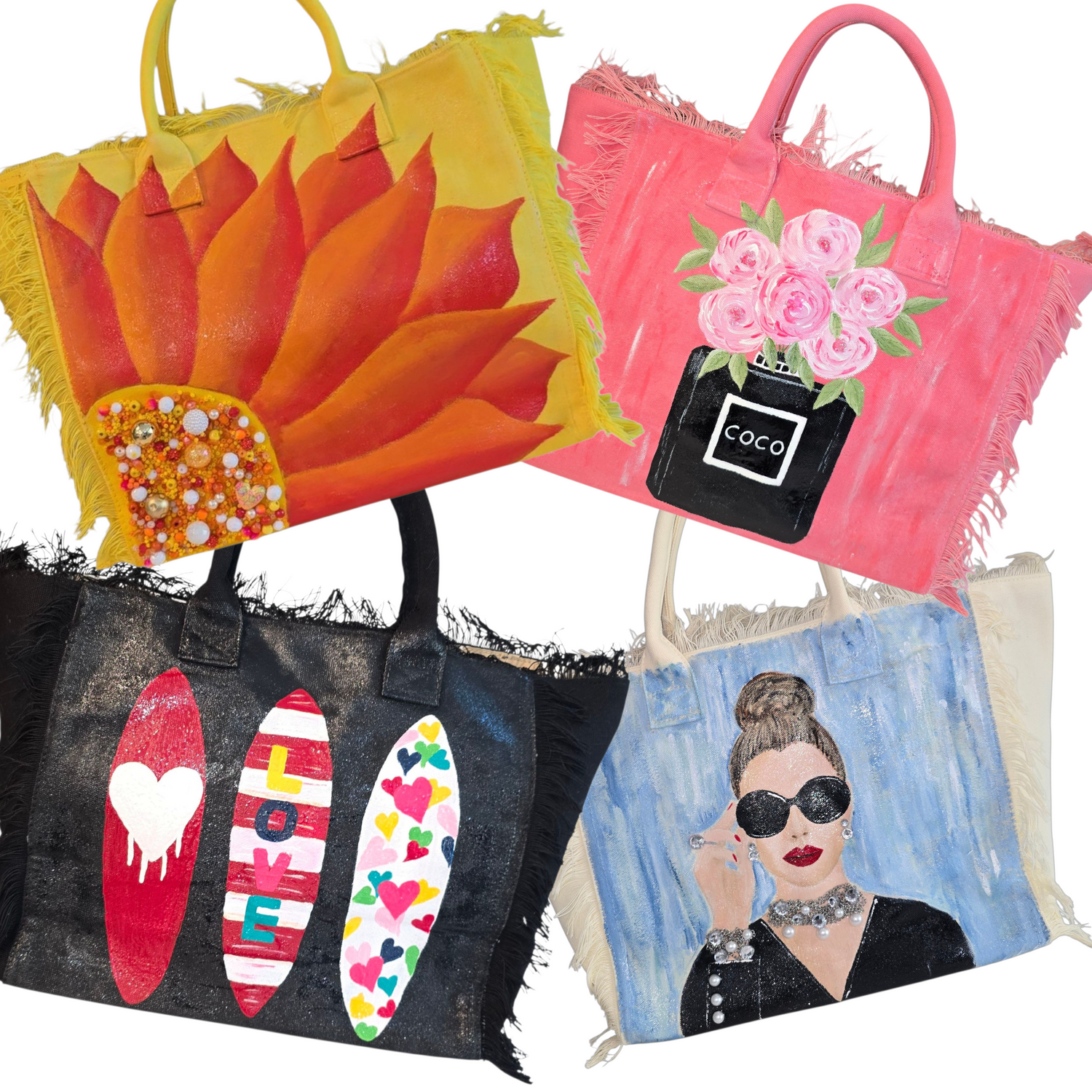 Collection image of a hand-painted fringed tote bag, from Dana's Uncommon Glass