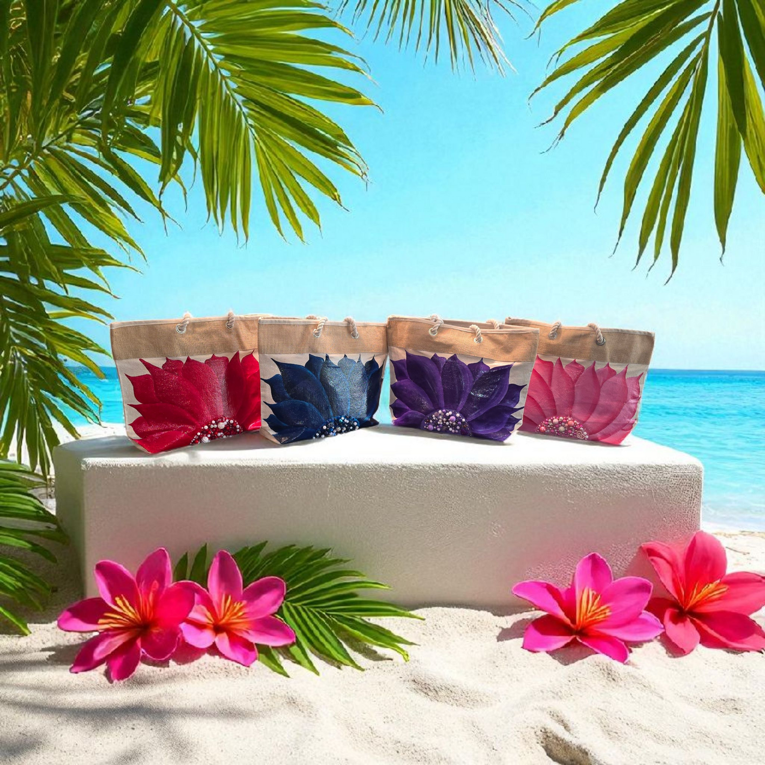 Four hand-painted rope handle tote bags with red, blue, purple, and pink sunflower designs displayed on a beach with palm trees and ocean backdrop.