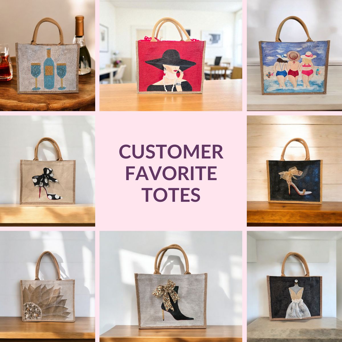 Collage of 8 different hand painted tote bags, wine bottle and glasses, black and white polka dot stiletto, bronze sunflower, red bottom booties, wedding dress, animal print stilettos, girlfriends at the beach, elegant women in black with pearls