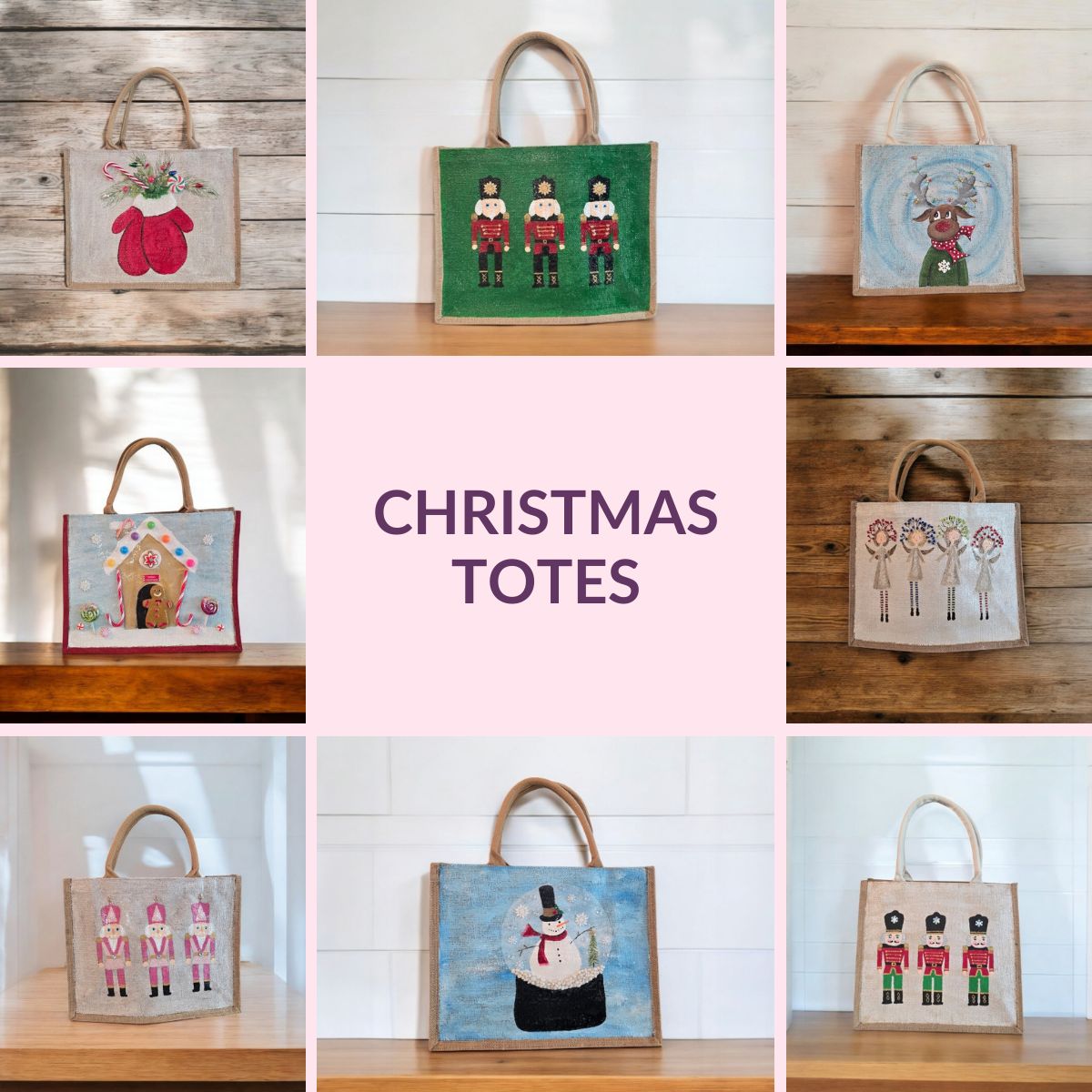 Collage of 8 hand painted christmas design tote bgs, mittens, gingerbread house, pink nutcrackers, snowglobe, red and green nutcrackers, whimsical angels, whimsical reindeer, red and black nutcrackers.