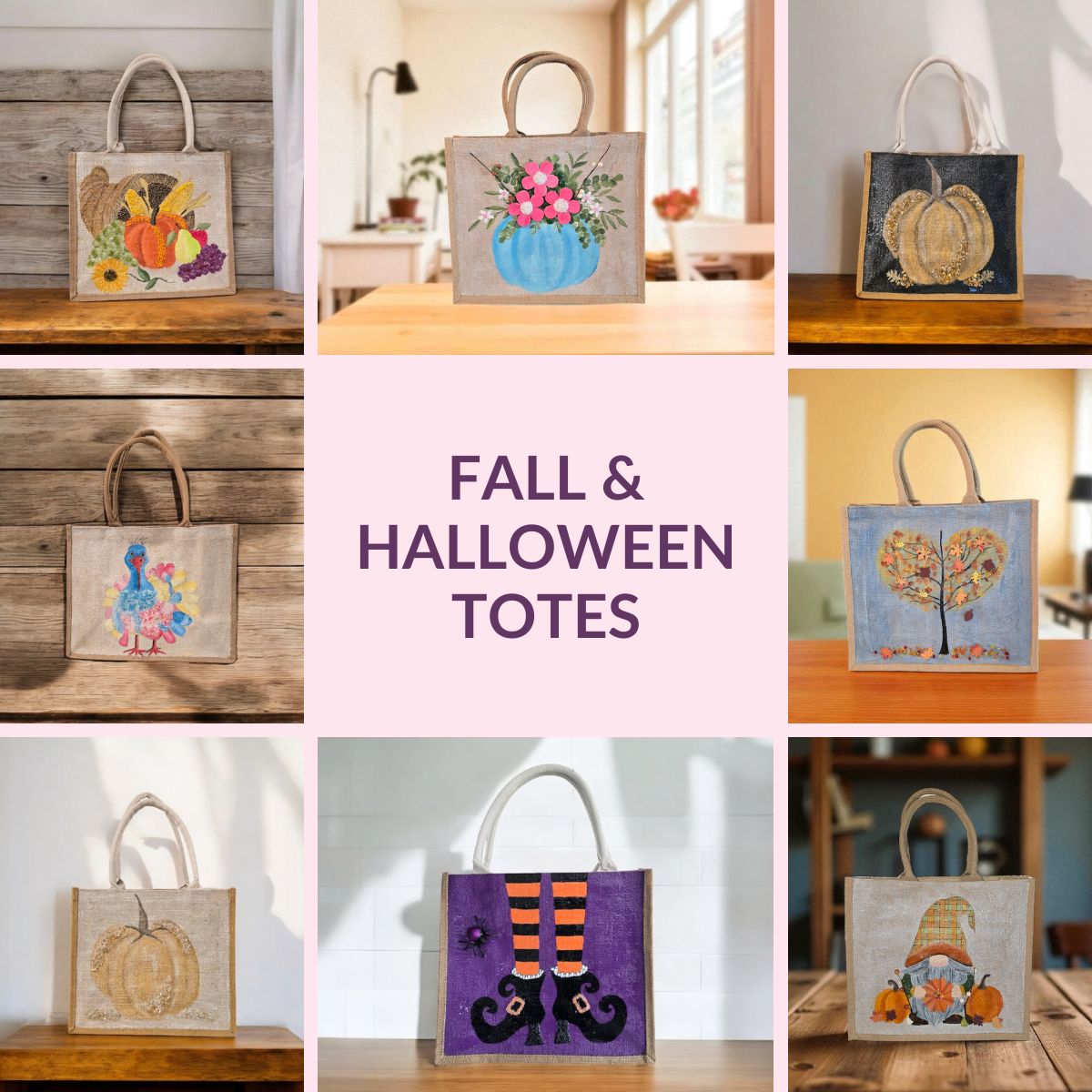 Collection image of a hand-painted fall or Halloween tote bag, from Dana's Uncommon Glass
