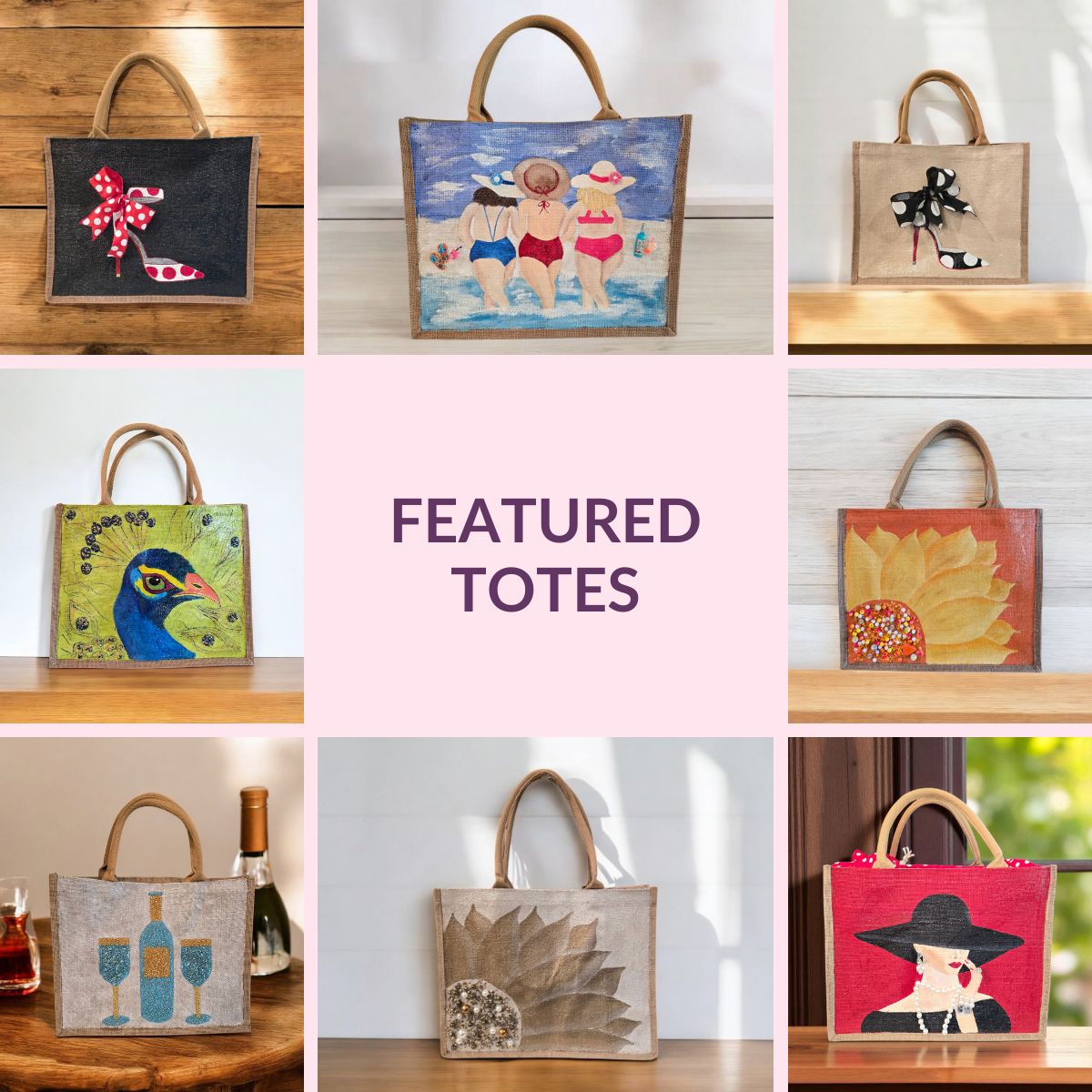Collection image of a featured hand-painted tote bag, from Dana's Uncommon Glass