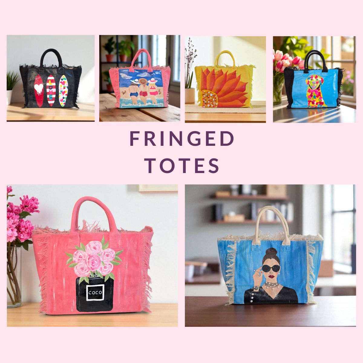 Collection image of a hand-painted fringed tote bag, from Dana's Uncommon Glass